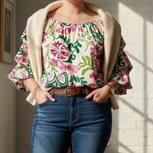 CECE Womens Pullover Floral Blouse 3/4 Sleeve Medium, New with Tags